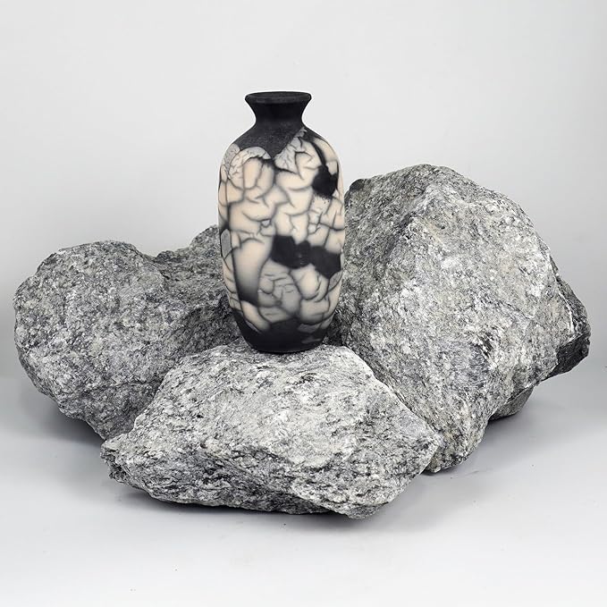 RAAQUU Koban 7 inch Raku Ceramic Clay Pottery Vase - Smoked Raku Raku Pottery with Water Tube Gifts for her mom, Boho, Wedding Gift, Home Decor