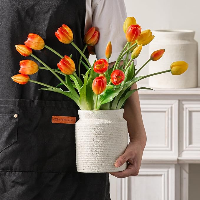 Ceramic Flower Vase 6.5 inch Farmhouse Rustic Vase for Home Decor Handcrafted Pottery Vase Small Terracotta Vases for Dining Table Decor Fireplace Living Room Bathroom Wedding Centerpiece (02-White)