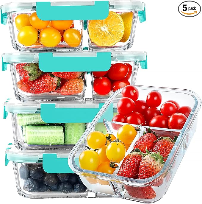 KOMUEE Glass Meal Prep Containers 3 Compartments, 5 Pack 36 oz, Glass Food Storage Containers with Lids, Airtight Lunch Bento Box, Portion Control, Freezer and Microwave Safe, Green