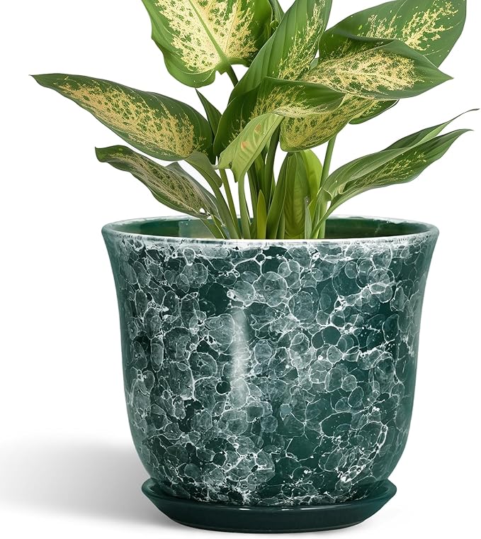 Ceramic Pots for Plants - 5.6 Inch Planter for Indoor Outdoor, Small Flower Pot with Drainage Hole and Saucer, Round Modern Succulent Planters, Home Room Desk Decor, Women Gifts, Green