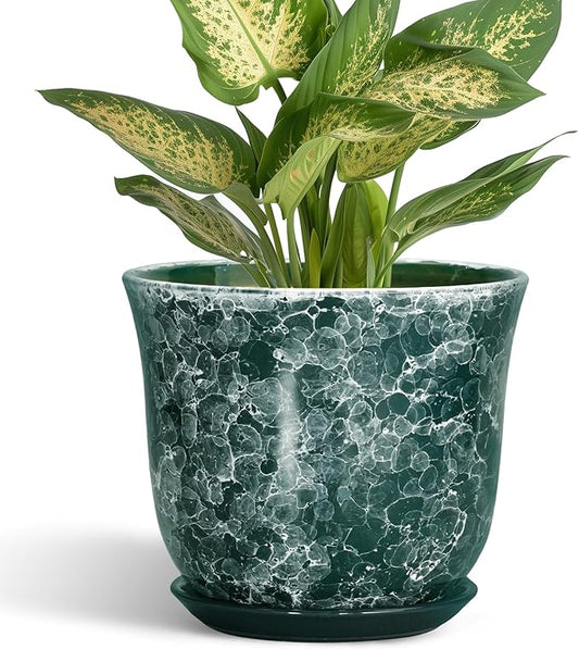 Ceramic Pots for Plants - 5.6 Inch Planter for Indoor Outdoor, Small Flower Pot with Drainage Hole and Saucer, Round Modern Succulent Planters, Home Room Desk Decor, Women Gifts, Green