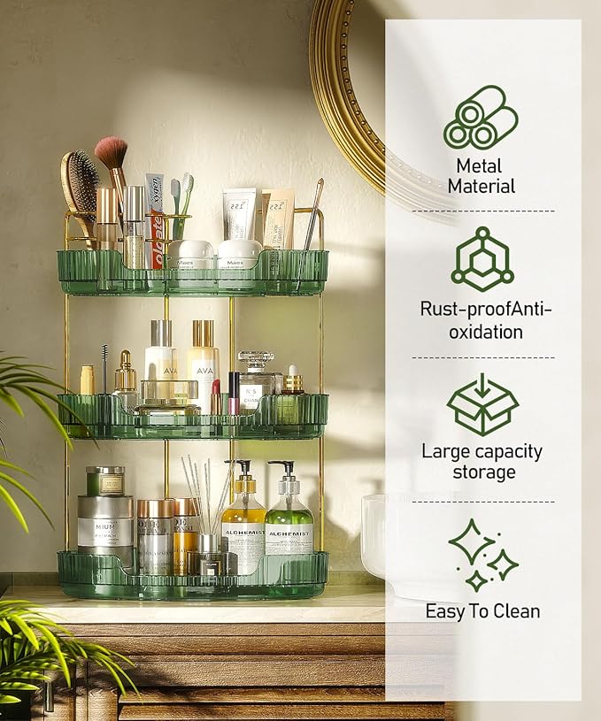 3-Tier Corner Bathroom Counter Organizer Makeup Cosmetic Storage, Tool-Free Installation Acrylic Vanity Shelf, Skin Care Organizer Perfume Tray for Countertop Bathroom, Dresser, Kitchen (Green)