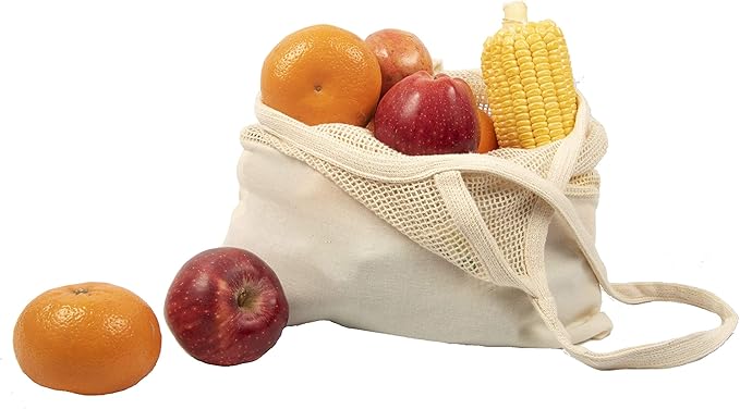 Reusable Grocery Bags - Organic Cotton Mesh Net Bag with Handles | Reinforced Bottom | Shopping, Groceries, Beach Tote, Produce Bag, Fruit & Vegetable Storage | Machine Washable, Eco Friendly (1 Bag)