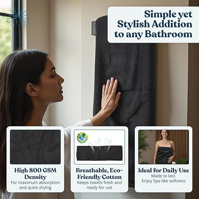 Soleil Fine Goods Luxurious 800 GSM 100% Cotton Bath Towel Set (4-Pack, 27x54) - Heavyweight & Ultra Absorbent, Plush Softness for Bathroom | Hotel & Spa Quality Luxury Towels- Charcoal