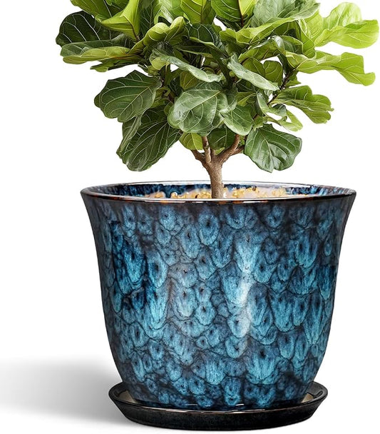 Ceramic Plant Pots - 12 Inch Pots for Plants Indoor Outdoor, Large Round Planter with Drainage Hole and Saucer, Modern Decorative Flower Pot, Home Garden Decor, House Warming Gifts, Blue