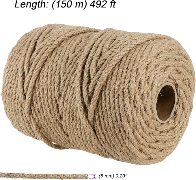 JOIKIT 5mm 492 Feet Jute Twine, Natural Braided Jute Rope, Twisted Hemp Rope for Crafts, Gardening, Bundling, Home Decoration