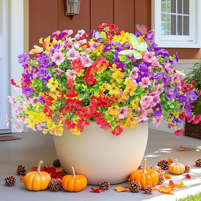 20 Bundles Artificial Flowers for Outdoors‌ with 6 Faux Butterflies, UV Resistant Fake Flowers‌ with Eucalyptus Leaves, Artificial Plants Outdoor‌ for Patio Garden Porch Home Decor (Mix 4 Colors)