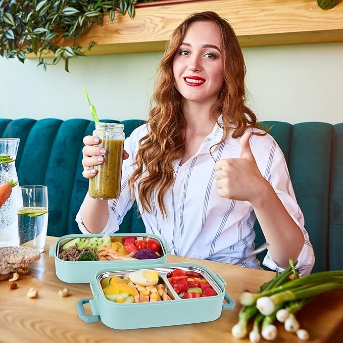 Bento Lunch Box for Kids Women Men, 47oz 2-Compartment Snack Salad Metal Food Prep Pack Container for Lunch, Stainless Steel 2 Layers Stackable Lunch Containers with Lids for Adults and Teens Green