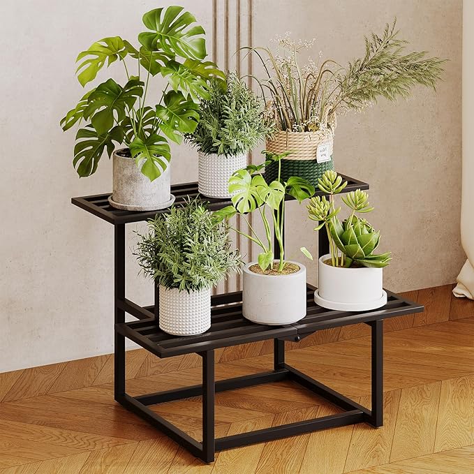 Metal Plant Stand Indoor, Outdoor Iron Plant Shelf, Heavy Duty Slatted Display Shelf for Patio Balcony Garden Living Room Load Bearing 330 LB 26" L x 20.2" H x 17.7" W 2 Tier Black