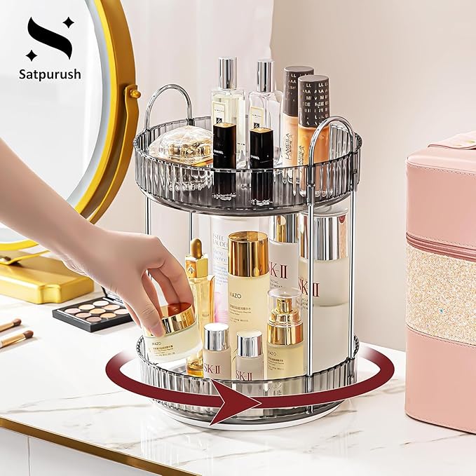 360° Rotating Makeup Organizer – 2-Tier Spinning Cosmetic Holder for Vanity, Countertop, Bathroom & Dresser – Perfume, Skincare & Cosmetic Care Organizer (Clear Grey, 2 Tier)
