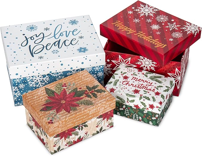 Rectangle Gift Boxes with Lids 4PCS Christmas Gift Box for Presents Nesting Assorted Sizes Present Boxes for Christmas Birthday Valentines Party Gift Wrap