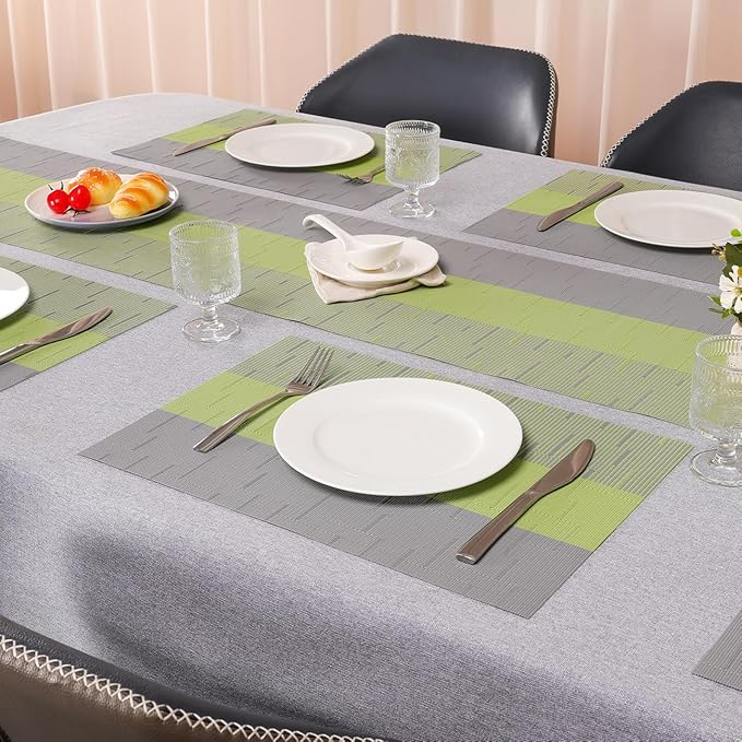 Placemats Set of 6, Vinyl Woven Place Mats Indoor Set of 6 Washable Wipeable PVC Table Mats Heat-Resistant Non Slip Placemat for Kitchen Dining Outdoor Table (Gray Grass Green, Set of 6)