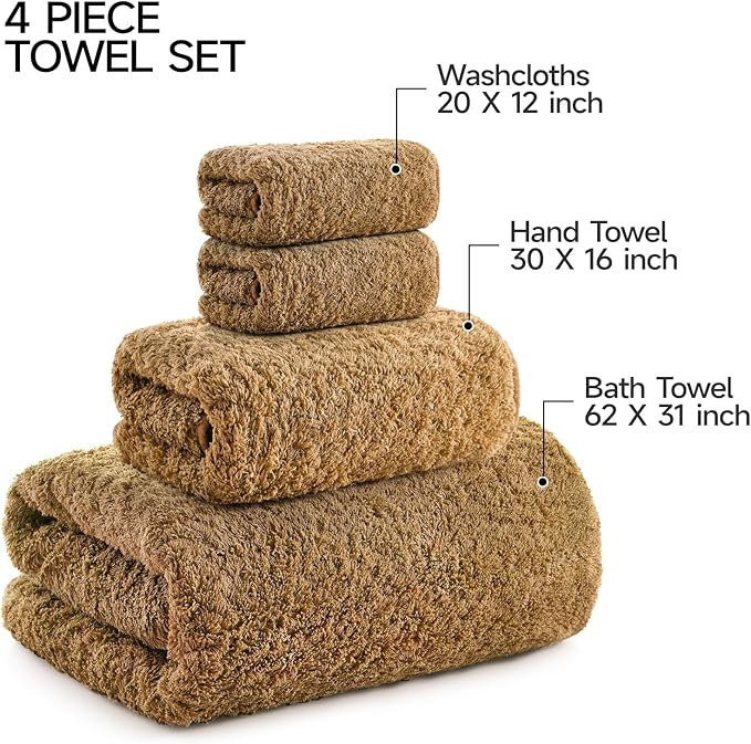 REDKISS Ultra-Plush Bath Towel Set - 900GSM Premium Thick Cotton for Bathroom & Spa, Super Absorbent Quick-Dry Bath Sheets with No Shedding (4-Piece Set for Adults, Luxury Hotel & Home Use)-Brown