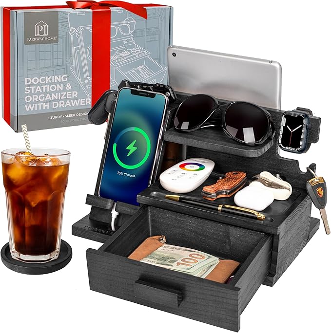 Black Wood Phone Docking Station with Drawer, Compatible with Apple Watch - Wood Charging Station Organizer Stand, Bedside Nightstand Organizer for Men, Holds, Tablet, Glasses, Keys, EDC