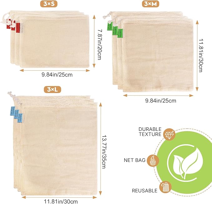 9 Pack Reusable Produce Bags Reusable Washable - vegetable bags grocery reusable - Vegetable Bags - Produce Storage Bag - Mesh Bags for Grocery Shopping, Vegetables & Fruits - 100% Cotton(3S/3M/3L).