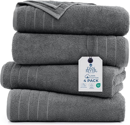 DAN RIVER Bath Towels Set of 4, 30 x 60 Inches, 100% Cotton, Larger & Lighter Weight, Quicker to Dry, Super Soft and Absorbent, Ideal Hotel Towels for Daily Use, Gray
