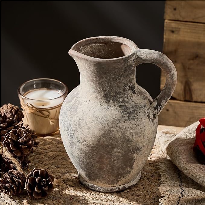 SIDUCAL Ceramic Rustic Farmhouse Vase with Handle, Terracotta Vase, Minimalist Decorative Vases for Home Decor, Table, Living Room, Shelf, Christmas Decoration(Gray)