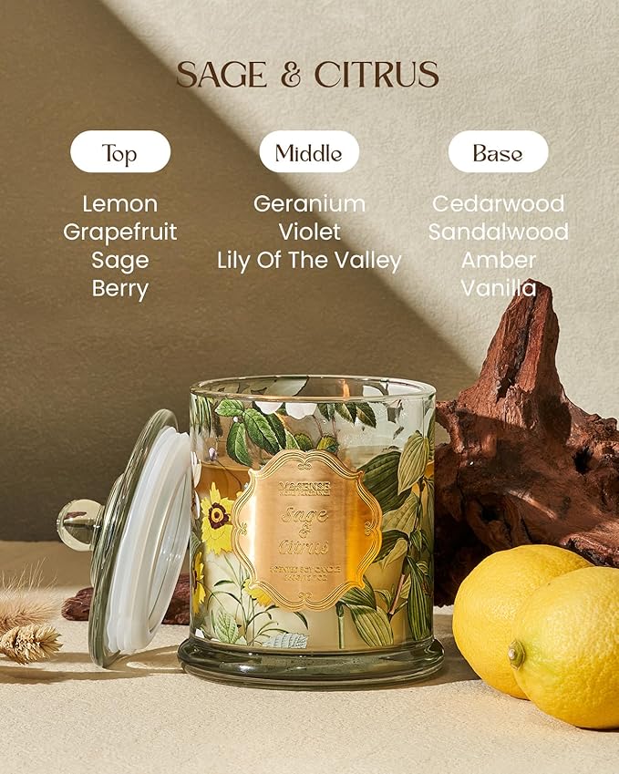 M&SENSE Sage Citrus Scented Candles, Natural Organic Soy Candle 12.7oz 75H Long Lasting Slow Burning, 2 Wick Large Jar Candle Stress Relief, Fall Winter Thanksgiving Christmas Housewarming Gift