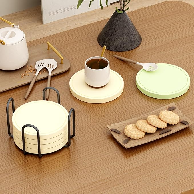 Azhou 6Pcs Drink Coaster with Holder, Lemon-Yellow Absorbent Coasters for Drinks, Non-Slip with Velvet Bottom, Thick Heavy Duty 4 inch Ceramic Coasters, Home Decor Coffee Bar Accessories