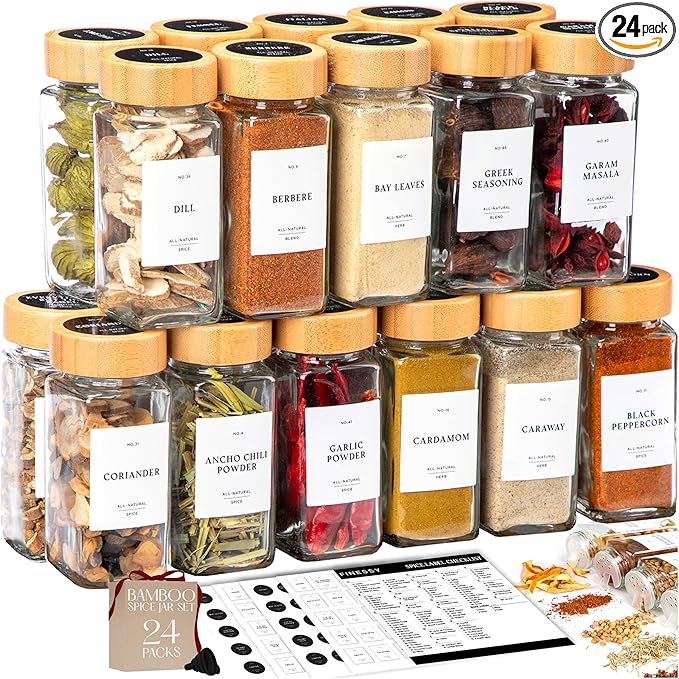 FINESSY Bamboo Glass Spice Jars with Labels and Shaker Lids Clear Empty 4oz 24 Pack Bottles Set, Glass Spice Containers with Labels, Seasoning Organizer Jars