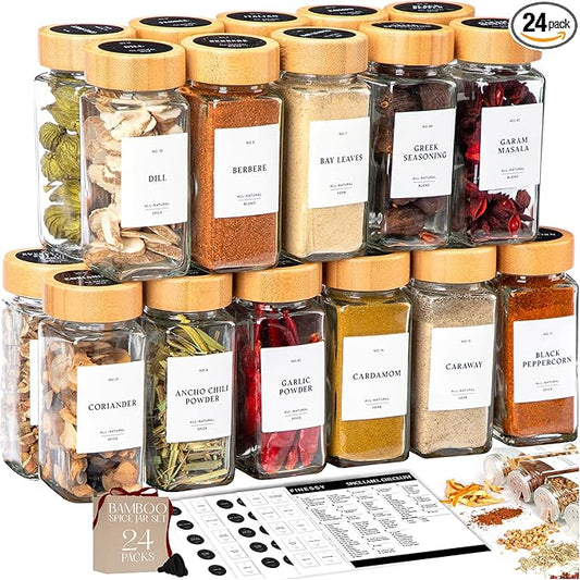 FINESSY Bamboo Glass Spice Jars with Labels and Shaker Lids Clear Empty 4oz 24 Pack Bottles Set, Glass Spice Containers with Labels, Seasoning Organizer Jars
