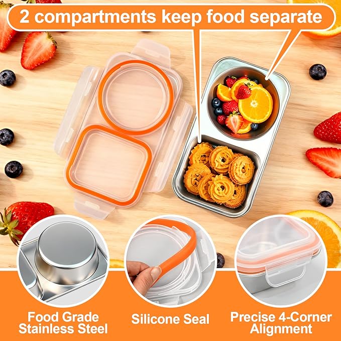 Stainless Steel Snack Containers, 6.5oz 2 Compartment Snackle Box with Lids Airtight, Leakproof Bento Box Metal Lunch Container Reusable Food Storage for Travel, Picnics (Orange)