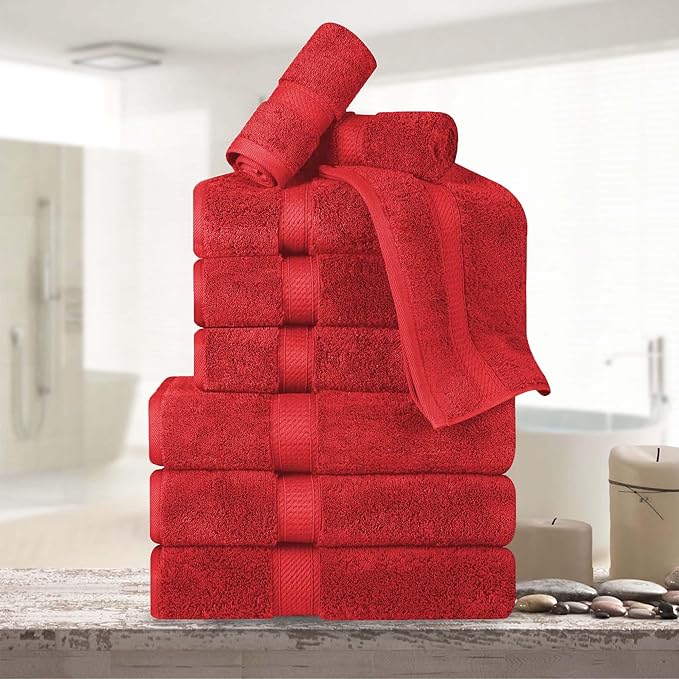 BNM Egyptian Cotton Heavyweight Towels, Ideal For Bathroom, Shower, Spa, Hotel, 800 GSM, Face/ Washcloths, Hand Towels, Bath Towels, Highly-Absorbent, Luxury Home Basics, 9 Piece Towel Set, Red