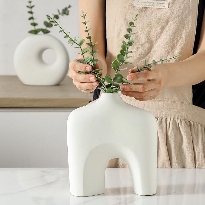 Ceramic Vase Set of 2, Modern Donut Vases for Minimalist Nordic Home Decor, Waterproof Round Vase, Decorative Centerpiece Vases for Room, Entryway, Bookshelf, Table Decor (Matte OffWhite)