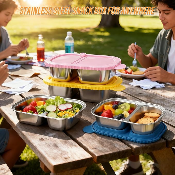 3 Pack Stainless Steel Snack Containers, Reusable Snack Containers with Lids, 2 Compartment Food Storage Containers, Lunchable Container for Kids, Office, Travel, Picnic