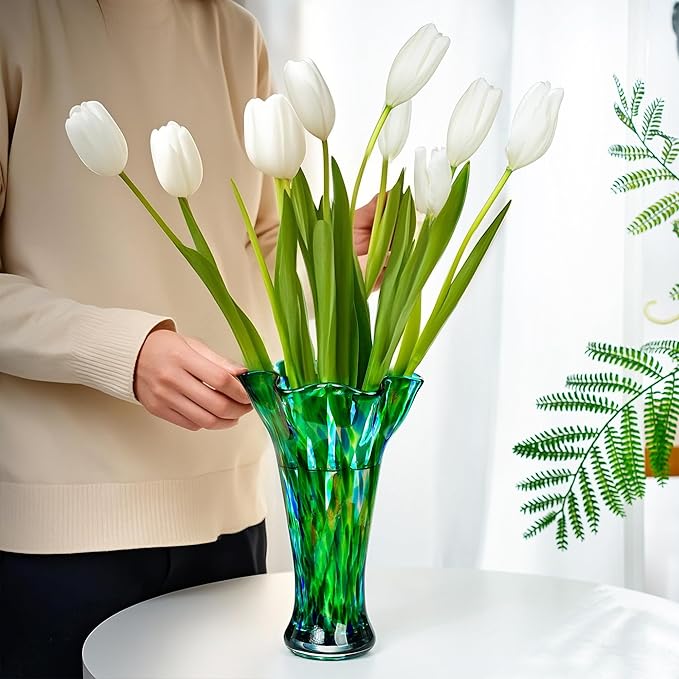 Green Blown Glass Vase for Flowers, 9.6" Teal Vase for Home Decor, Modern Art Flower Vases Decorative Table Centerpiece, Wedding, Living Room, Bookshelf, Entryway, Gift for Women Mom