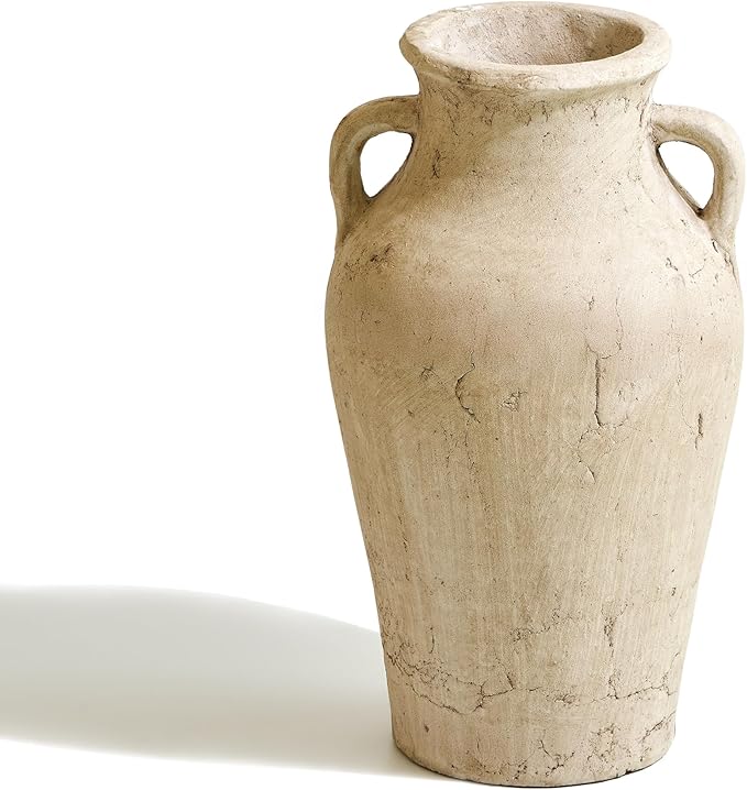LB2 Rustic Ceramic Vase, 11.8" Tall Zen Style vase, Terra Cotta Pitcher, Distressed Farmhouse Decor, Pottery Decorative Flower Vase for Home Decor