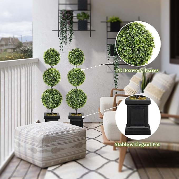 Artificial Topiary Outdoor Set of 2, 3.5ft Boxwood Outdoor Porch Trees, All-Year Green Fake Plant Topiary Trees Artificial Outdoor with Sturdy Pot for Porch Outdoor Indoor (Ball)