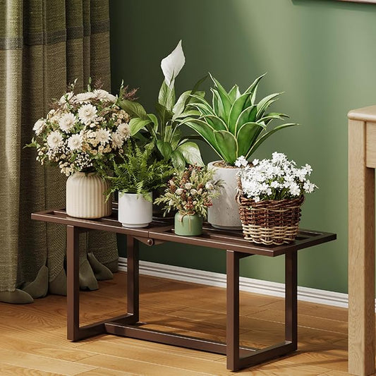 2 Pack Metal Plant Stand Indoor, Outdoor Iron Plant Shelf, Heavy Duty Slatted Display Shelf for Patio Balcony Garden Living Room Load Bearing 330 LB 26" L x 10.4" H x 8.6" W 1 Tier Coffee