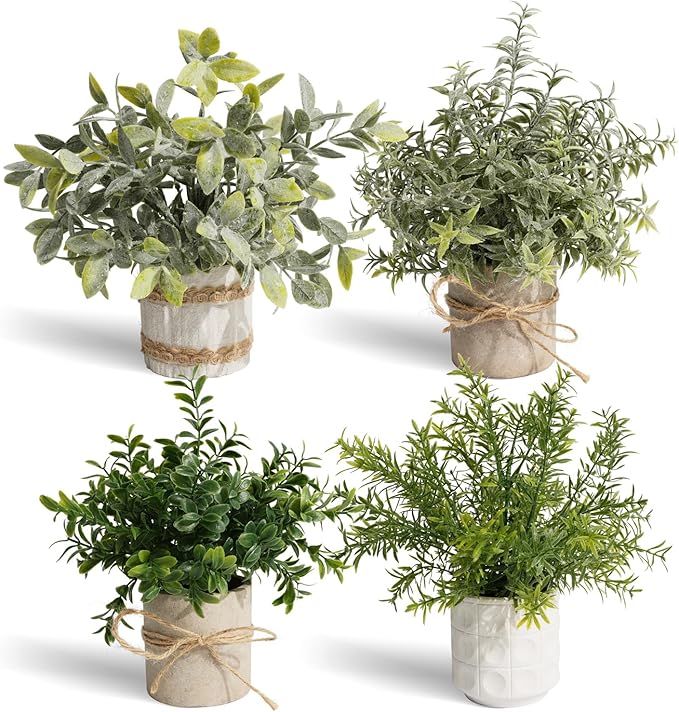 4 Pack Small Fake Plants in Pulp Pots for Home Decor, Rustic Artificial Plants Indoor, Faux Plants Indoor for Bathroom Kitchen Office Desk Shelf Farmhouse Room Decor