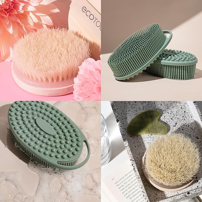 EcoTools Dry Body Brush for Circulation, Dead Skin Removal + Sage Green Silicone Body Scrubber & Massager for Exfoliating, Cleansing & Circulation, Self-Care Gifts