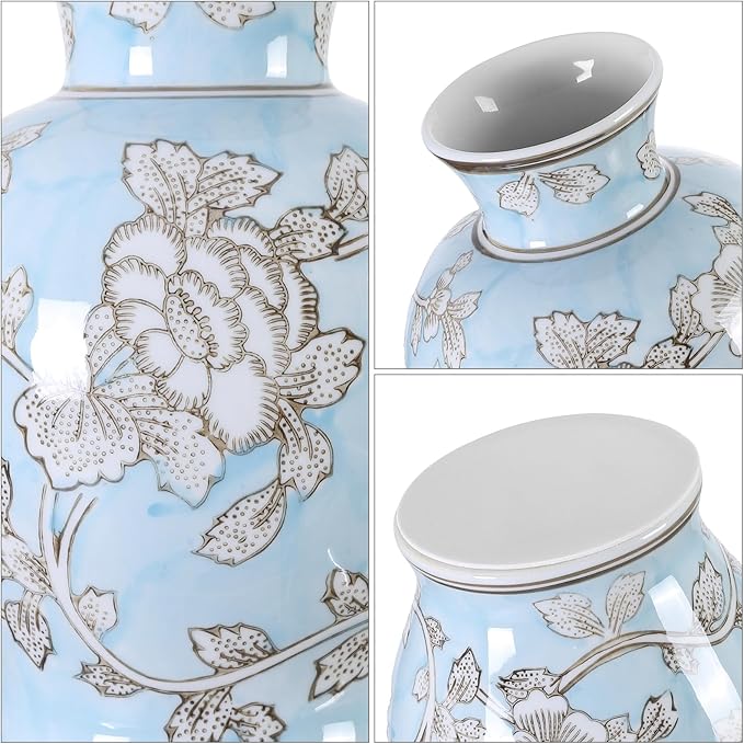 Vintage Chinoiserie Floral Ceramic Vase, Large Rustic Pottery Vases for Living Room, Entryway, Dining Table Centerpiece, Farmhouse Home Décor, Floor or Tabletop Flower Vase, (Blue)