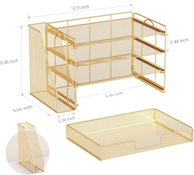 OPNICE Desk Organizer and Accessories, 4-Tier Desktop File Organizer with Drawer and 2 Pen Holders, Office Desk Accessories, File Sorters, Workspace Organizers for Office Supplies(Gold)