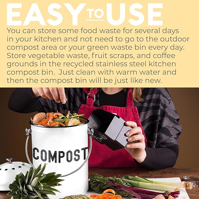 EPICA Countertop Compost Bin Kitchen | 1.3 Gallon | Odorless Composting Bin with Carbon Filters | Indoor Compost Bin with Lid | Stainless Steel Kitchen Composter for Food Scraps & Waste Recycling
