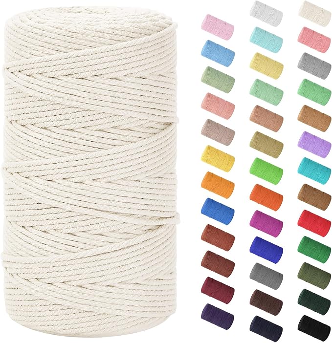 Macrame Cord 3mm x 220Yards (656Feet), Natural Cotton Macrame Rope - 4 Strands Twisted Macrame Cotton Cord for Wall Hanging, Plant Hangers, Crafts, Gift Wrapping and Wedding Decorations, Beige