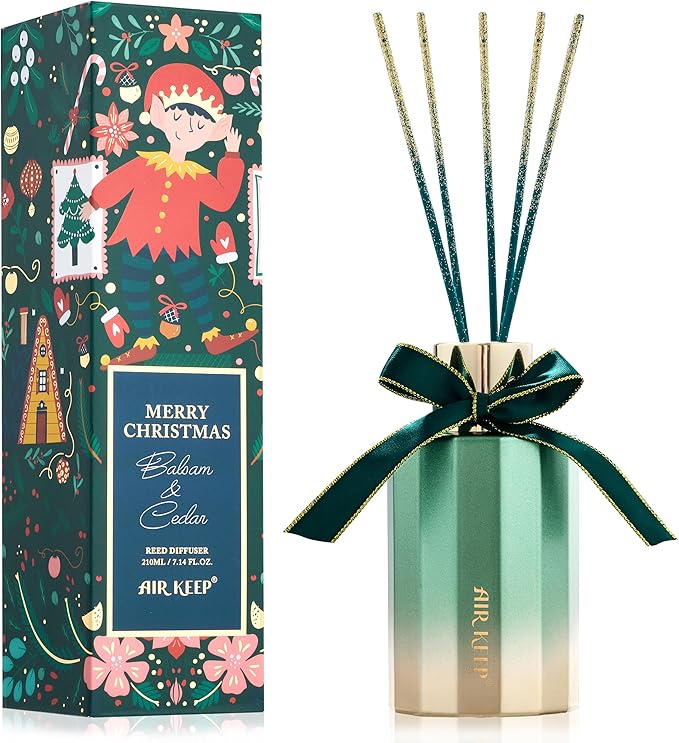 Airkeep Reed Diffuser Set - Balsam & Cedar Christmas Reed Diffuser with 8 Reed Sticks - Scented Oil Diffuser for Home & Office Diffuser Bathroom Shelf Decor - Ideal Gift for Holidays 7.1oz