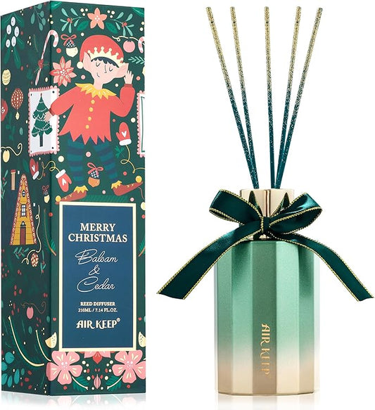 Airkeep Reed Diffuser Set - Balsam & Cedar Christmas Reed Diffuser with 8 Reed Sticks - Scented Oil Diffuser for Home & Office Diffuser Bathroom Shelf Decor - Ideal Gift for Holidays 7.1oz