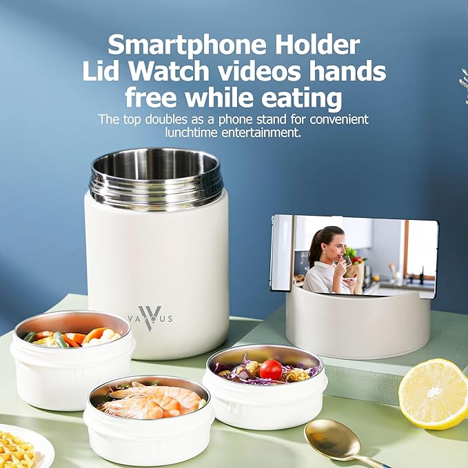 60oz Insulated Food Jar with Phone Holder Lid –Stainless Steel Lunch box with 3 Compartments – Leak-Proof, Thermal Bento for Adults, Keeps Meals Hot or Cold for Hours