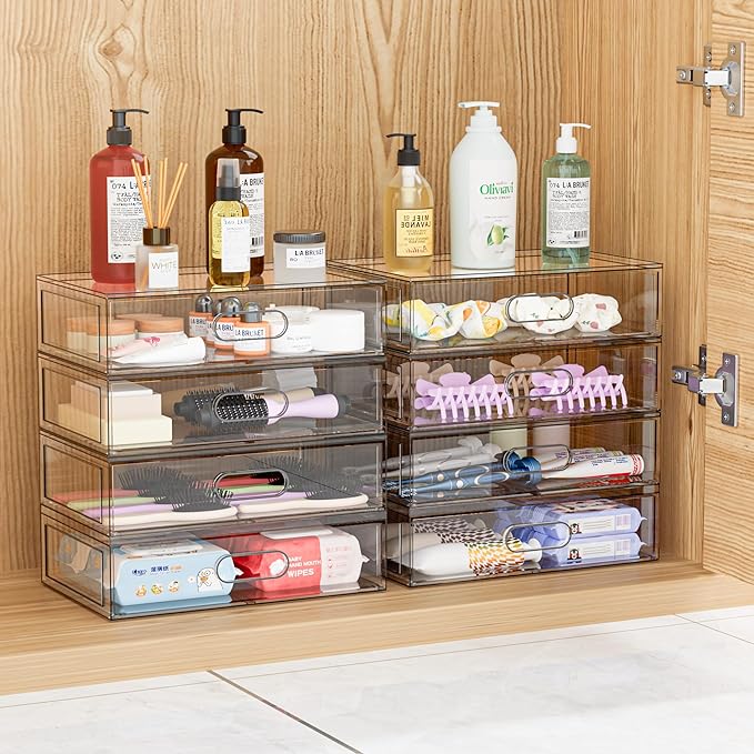 2 Pack Clear Makeup Storage Drawer, 12.1''W Stackable Bathroom Organizers and Storage Drawer, Acrylic Cosmetic Display Case For Vanity, Undersink, Cabinets, Desk Organizer