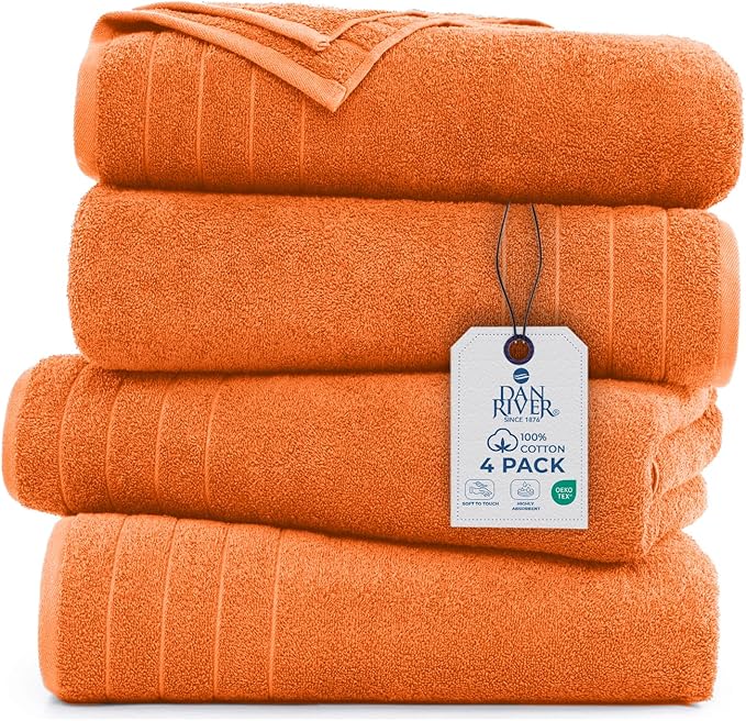 DAN RIVER Bath Towels Set of 4, 30 x 60 Inches, 100% Cotton, Larger & Lighter Weight, Quicker to Dry, Super Soft and Absorbent, Ideal Hotel Towels for Daily Use, Orange