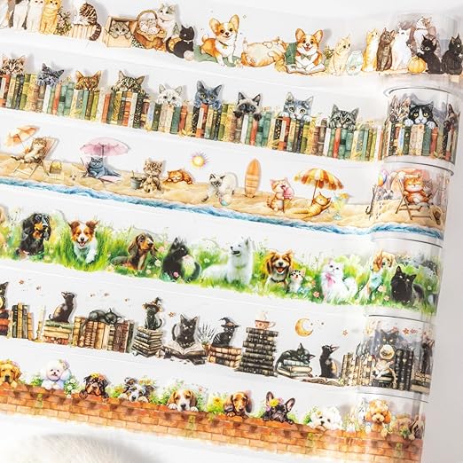 PET Tape Set for Junk Journal,6 Rolls Cute Cat Tape Stickers,Clear Pet Dog Stickers for Scrapbooking,Journaling,Planner,DIY Arts Crafts,Notebook,Phone Case,Cups(Pet Time)
