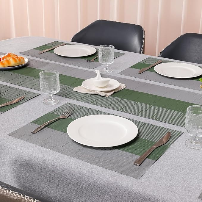 Placemats Set of 6, Vinyl Woven Place Mats Indoor Set of 6 Washable Wipeable PVC Table Mats Heat-Resistant Non Slip Placemat for Kitchen Dining Outdoor Table (Gray Sage Green, Set of 6)