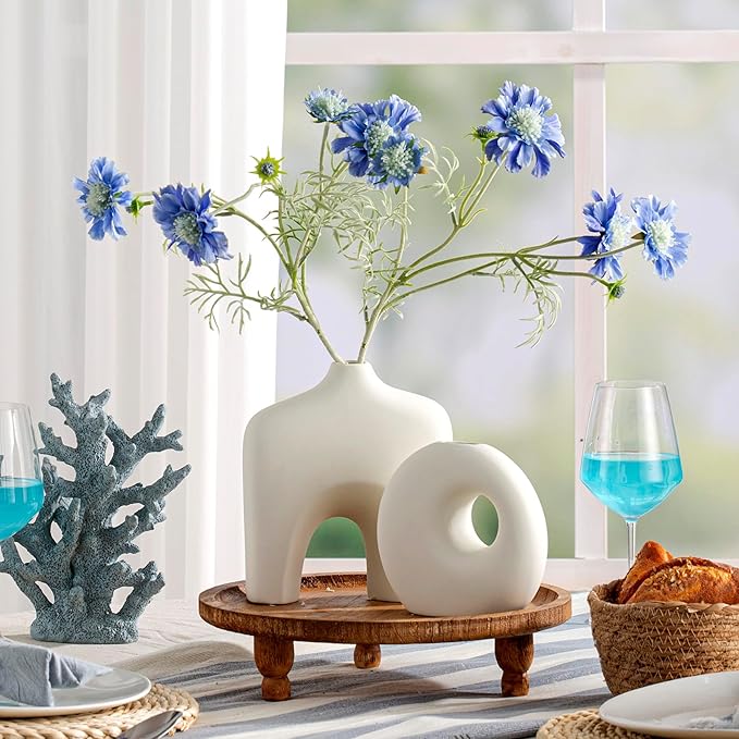 Ceramic Vase Set of 2, Modern Donut Vases for Minimalist Nordic Home Decor, Waterproof Round Vase, Decorative Centerpiece Vases for Room, Entryway, Bookshelf, Table Decor (Matte OffWhite)