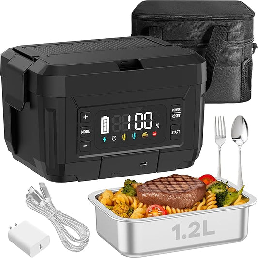 Cordless Electric Lunch Box for Adults – 1.2L Stainless Steel Self-Heating Lunch Box with 20000mAh Removable Rechargeable Battery, Portable Heated Food Warmer for Work, Travel & Office(BK)
