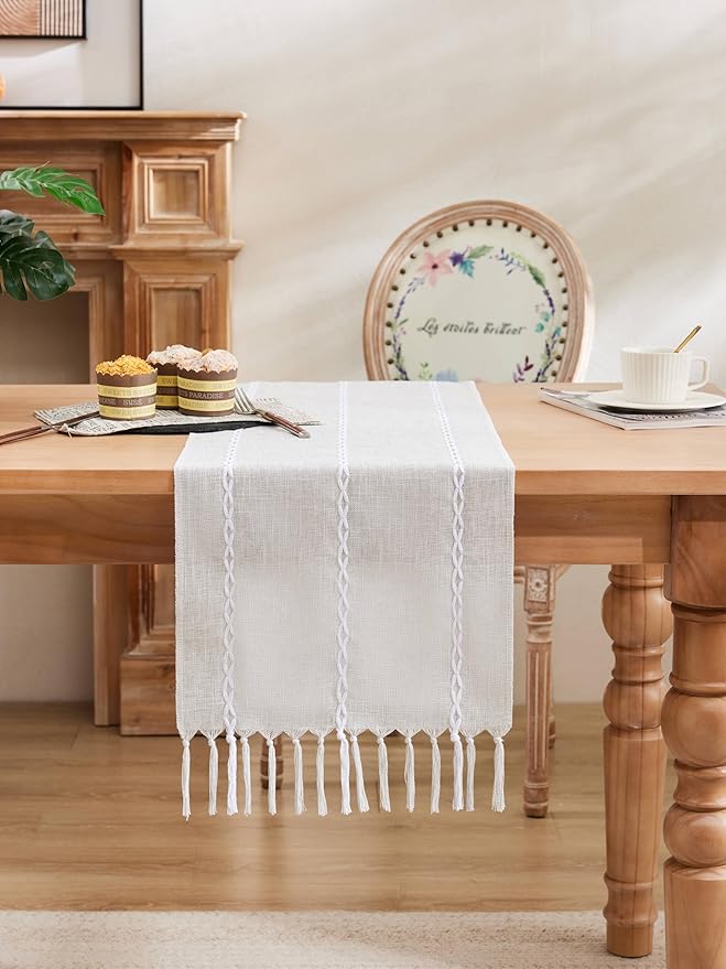 Braided Farmhouse Table Runner, Braided Light Grey 13x72 Inch, Cotton Linen Table Runners 72 Inches Long, Embroidered Striped Light Grey Boho Table Runner Rustic Home Decor