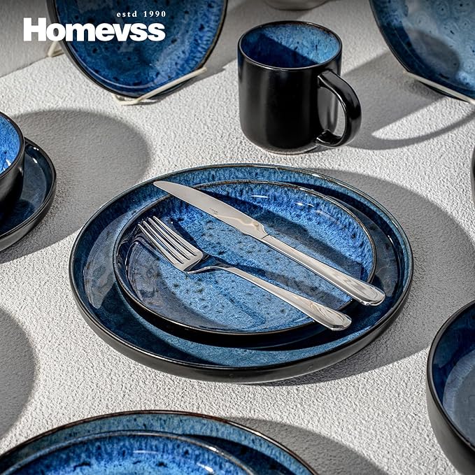 HomeVss 20-Piece Dinnerware Set - Serves 4, Reactive Glaze Bubble Blue Plates & Bowls Set | Microwave & Dishwasher Safe